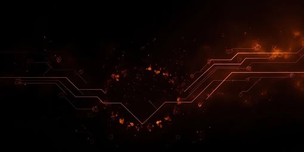 Abstract dark illustration of automated gears and orange data streams