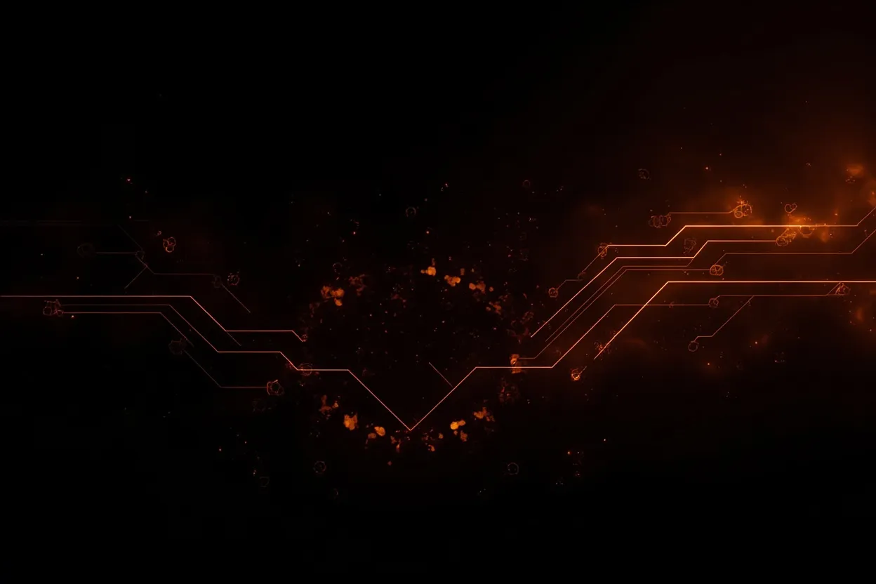 Abstract dark illustration of automated gears and orange data streams