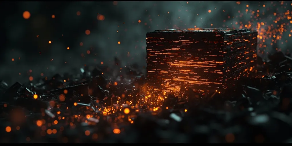 Dark abstract visualization of a nearly full text buffer with orange data streams