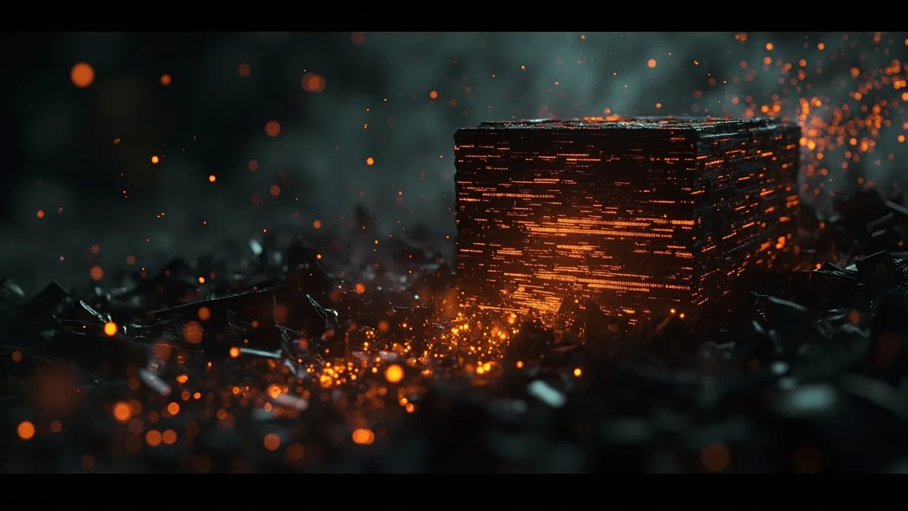 Dark abstract visualization of a nearly full text buffer with orange data streams