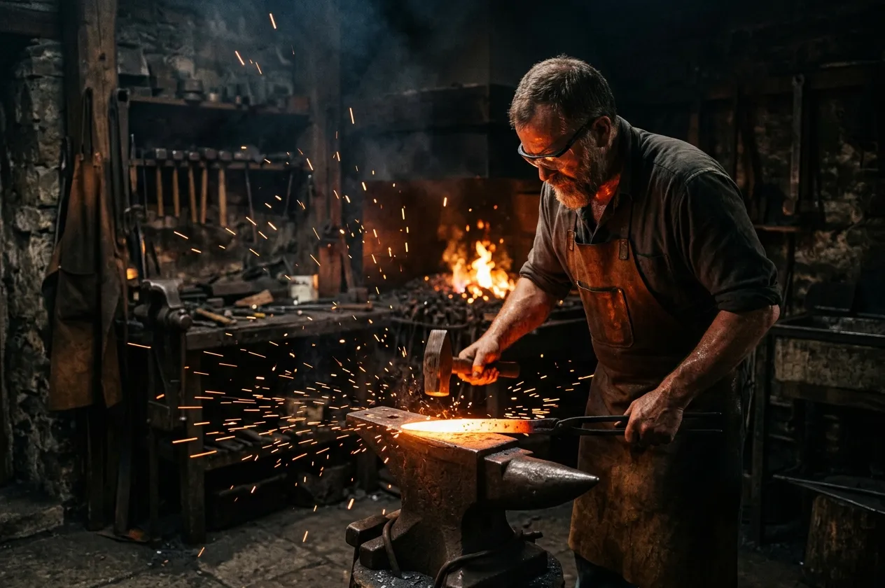 A blacksmith working in near-darkness, furnace glow illuminating the edge of a blade, sparks flying
