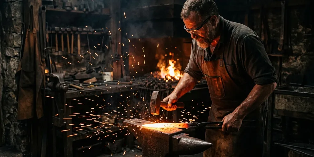 A blacksmith working in near-darkness, furnace glow illuminating the edge of a blade, sparks flying