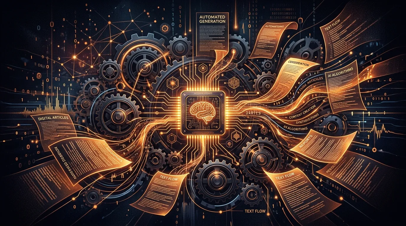 Dark automated publishing line glowing amber, with one unfinished document waiting at the end