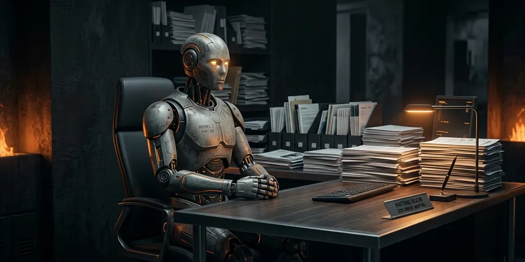 A patient robot sitting at a desk, waiting, while stacks of papers accumulate behind it