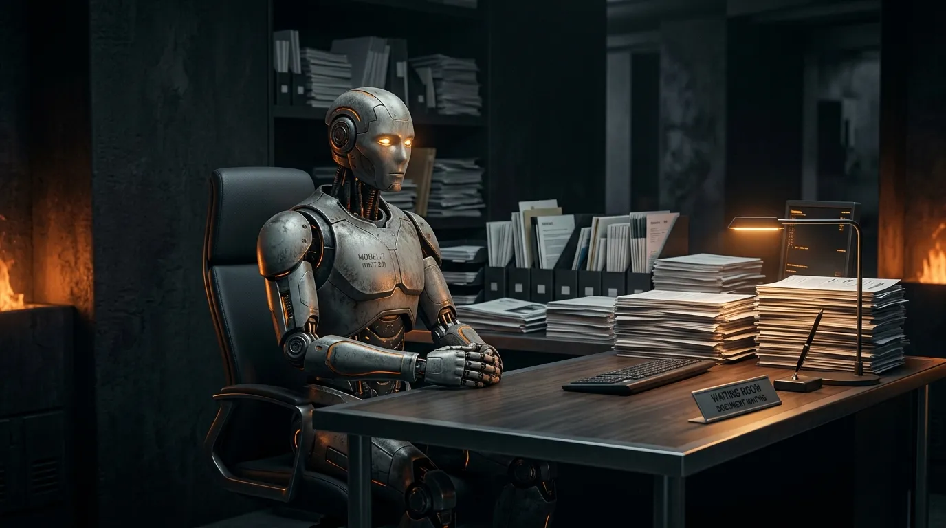 A patient robot sitting at a desk, waiting, while stacks of papers accumulate behind it