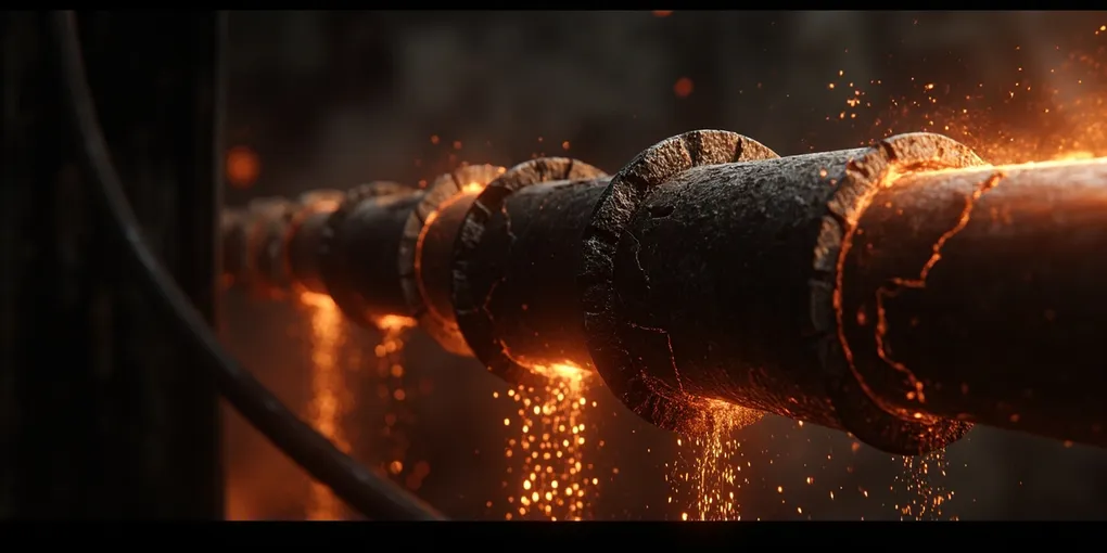 Dark industrial pipeline with cracks glowing orange, sparks falling from broken joints