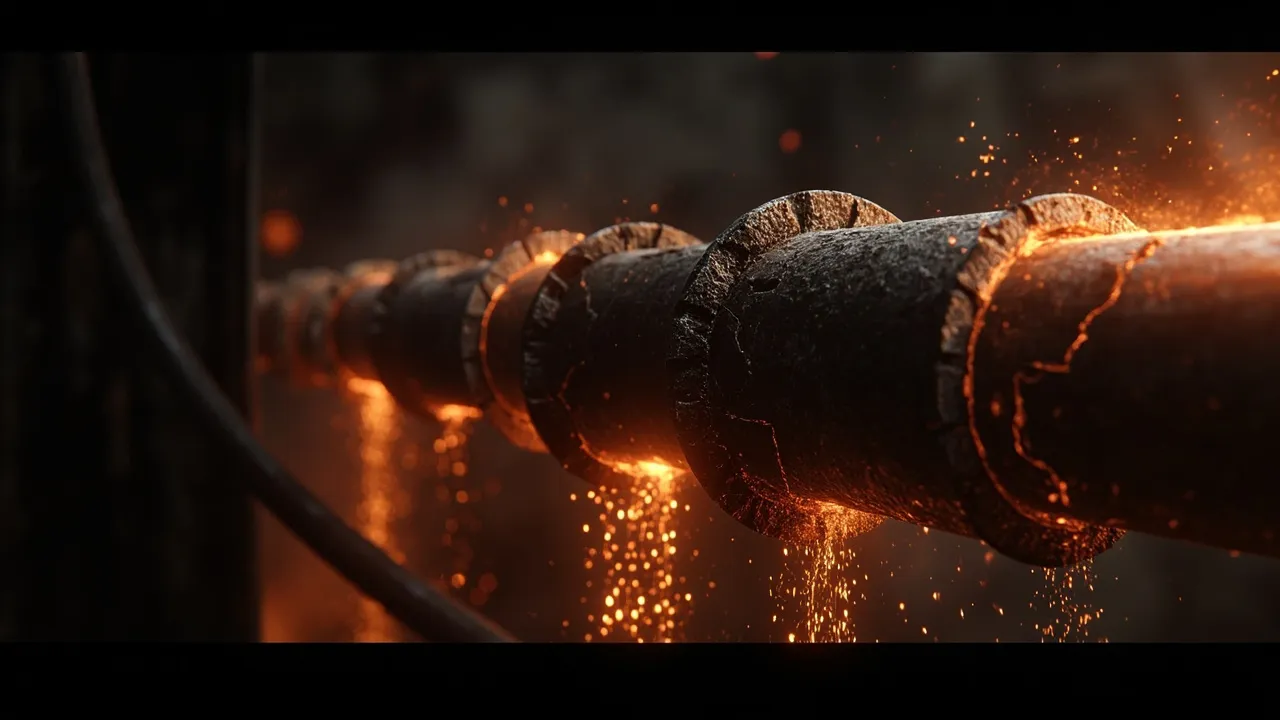Dark industrial pipeline with cracks glowing orange, sparks falling from broken joints