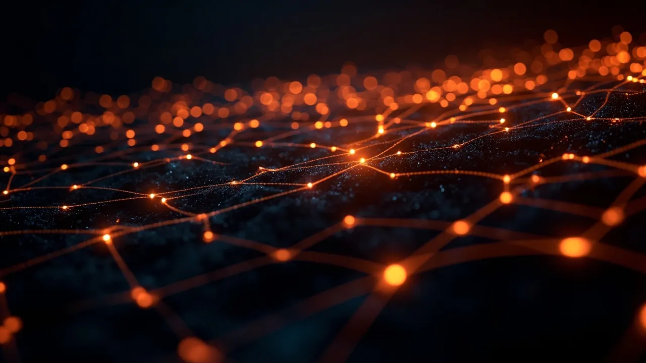 Dark abstract visualization of neural memory pathways glowing with amber and orange light