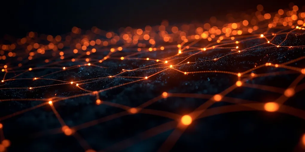 Dark abstract visualization of neural memory pathways glowing with amber and orange light