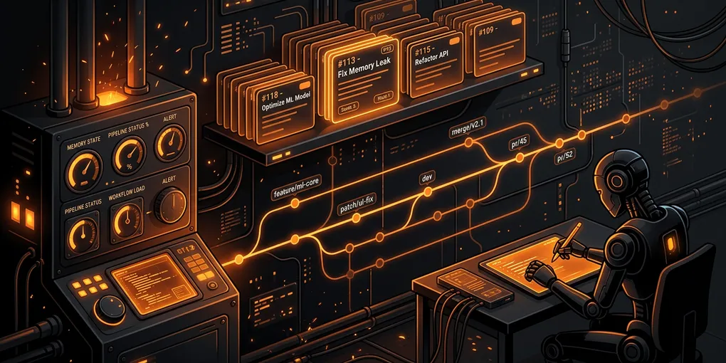Dark furnace control panel with amber git branches and stacked pull request cards waiting in a review queue