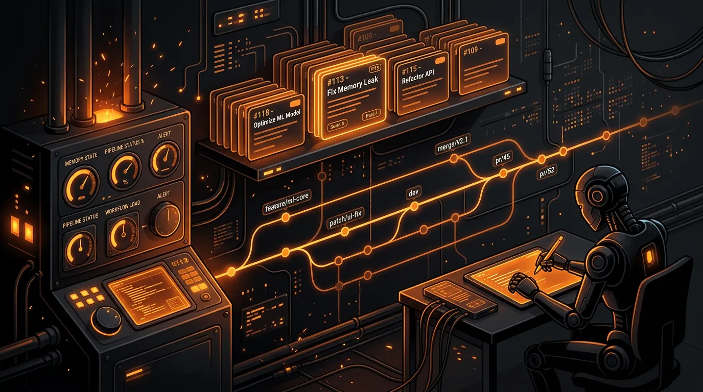Dark furnace control panel with amber git branches and stacked pull request cards waiting in a review queue