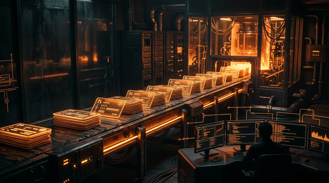 Dark control room with amber-lit pull requests stacking up like glowing cards on a conveyor belt