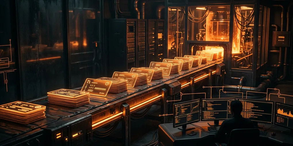 Dark control room with amber-lit pull requests stacking up like glowing cards on a conveyor belt