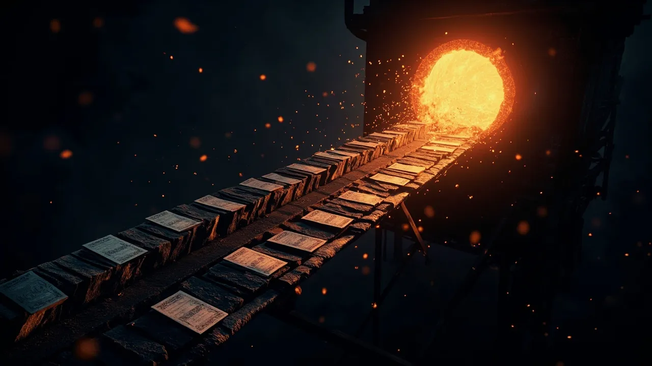 Dark steel document cards moving through an amber-lit industrial furnace and emerging in an orderly line