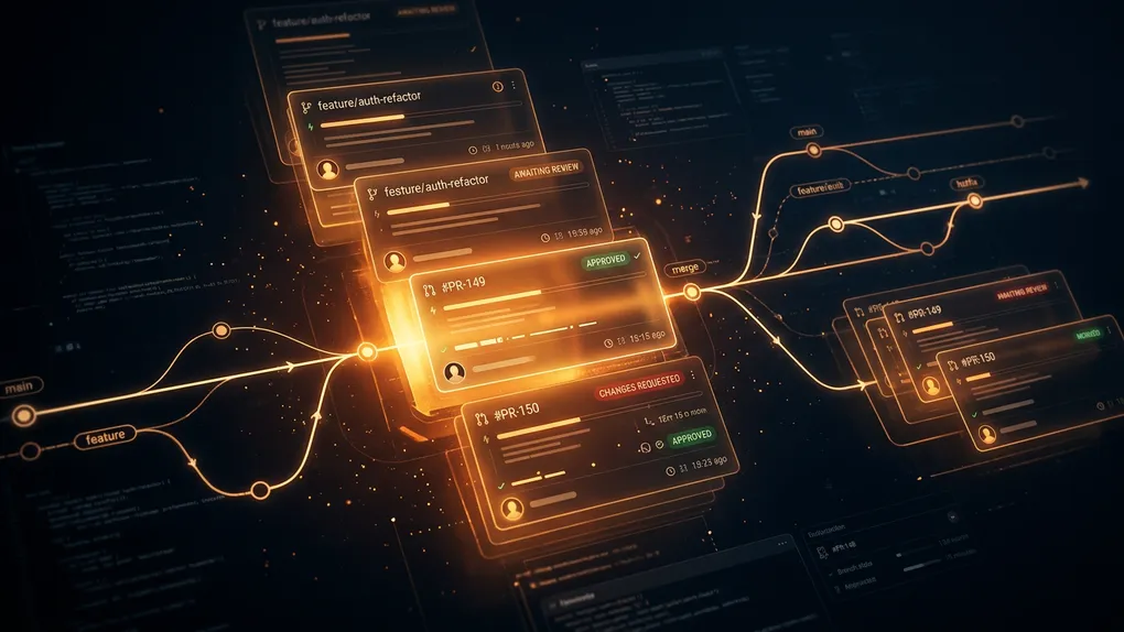 Dark technical illustration of stacked pull request cards and glowing amber git branches