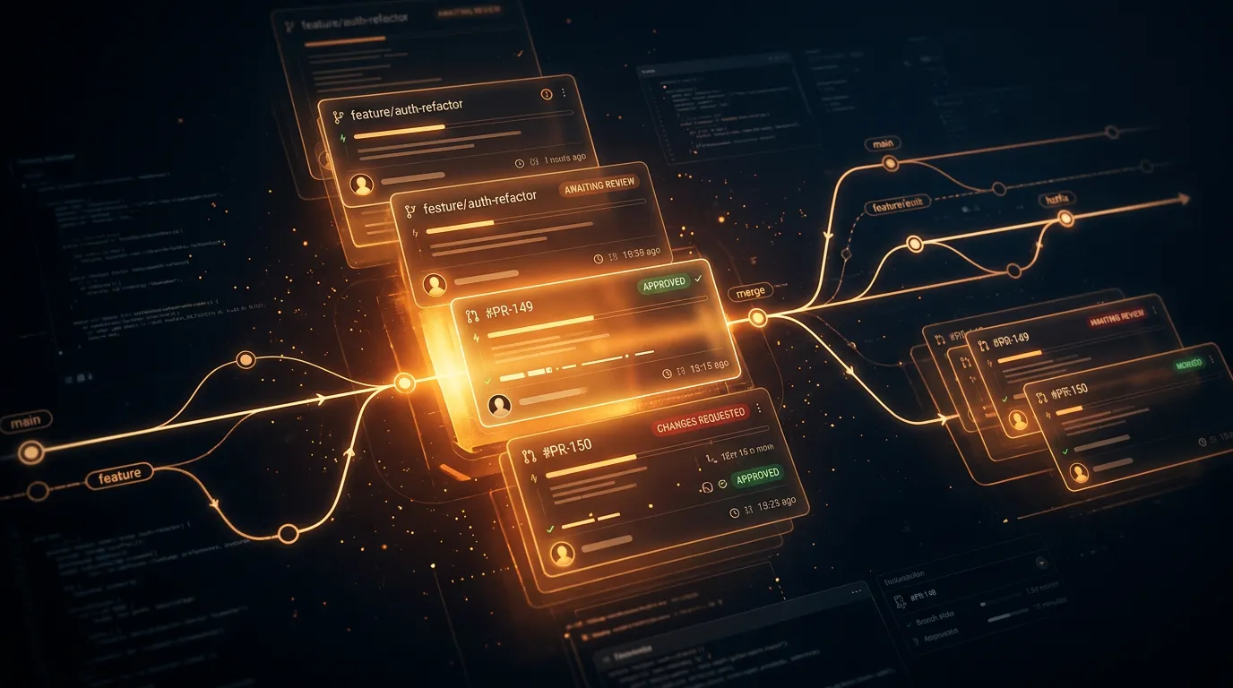Dark technical illustration of stacked pull request cards and glowing amber git branches