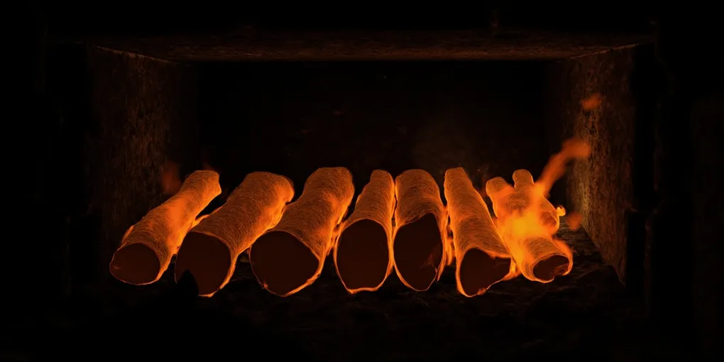 Dark furnace interior with glowing orange embers, six logs arranged in a row, the newest one just catching fire