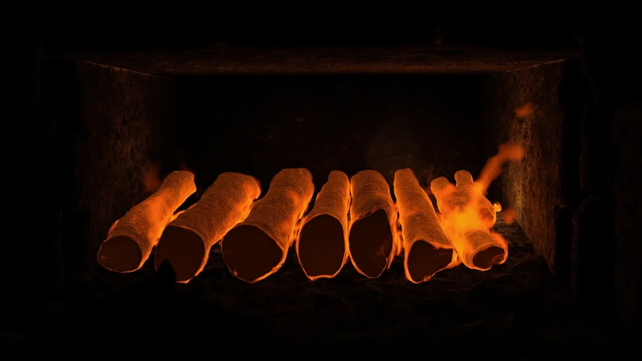 Dark furnace interior with glowing orange embers, six logs arranged in a row, the newest one just catching fire