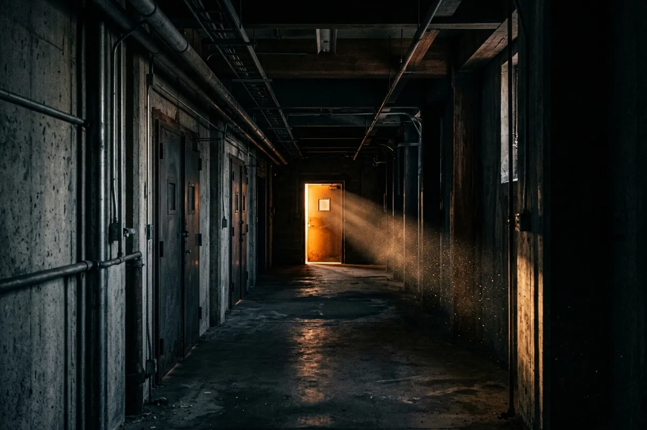 Dark corridor with one door glowing amber, the rest dim and waiting