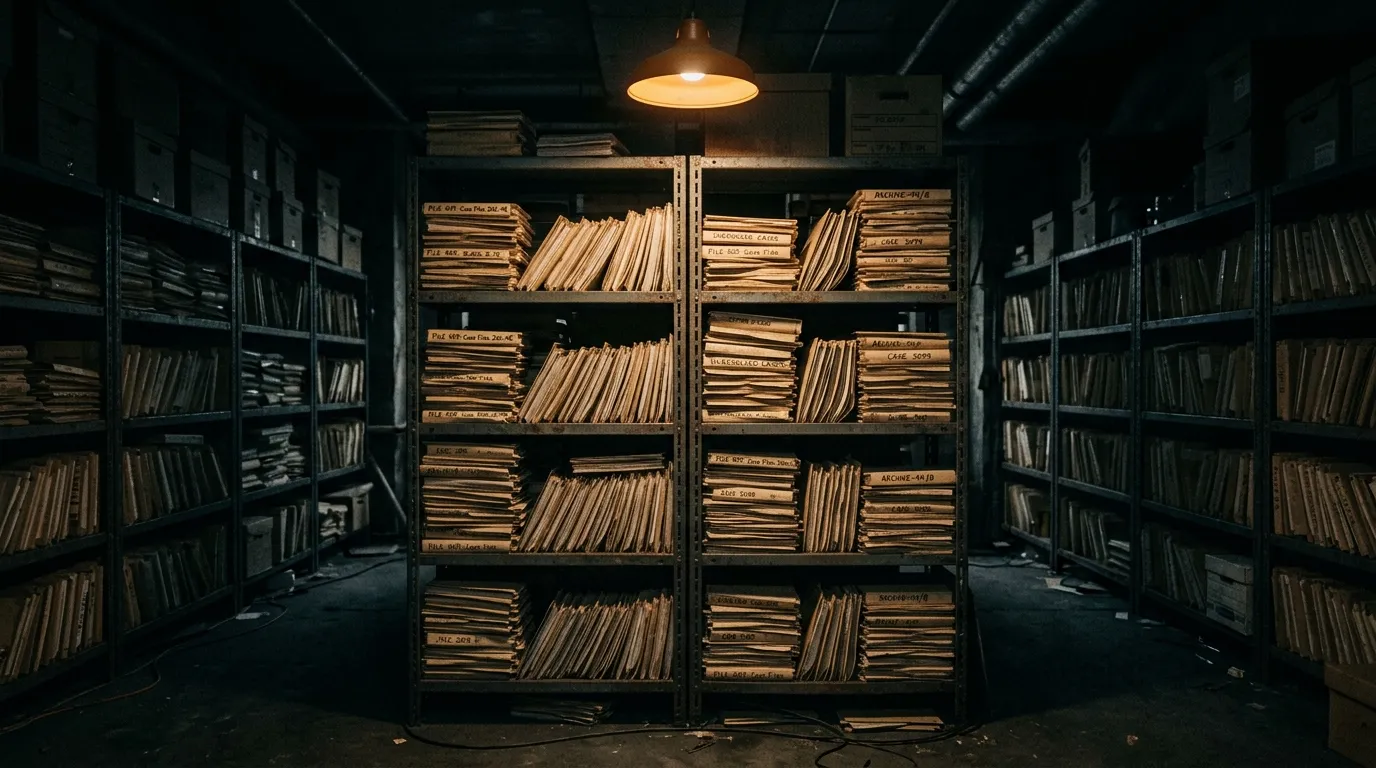 Stacks of identical folders on a metal shelf, lit by a single amber overhead light